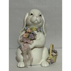 Cosmos Gifts Porcelain Spring Bunny Rabbit w/ Flowers Bouquet & Basket Music Box